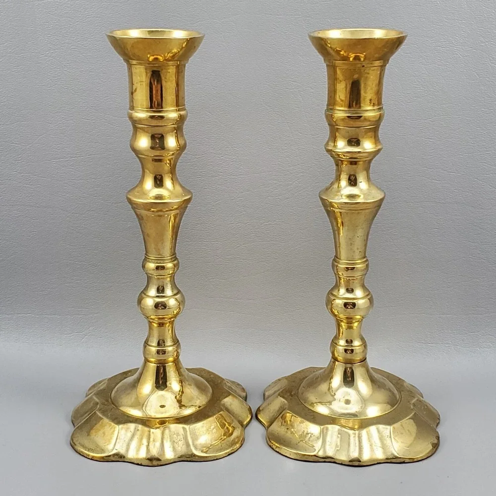 Brass Spindle Tapered Candlesticks Pair Scalloped Base MCM India 8